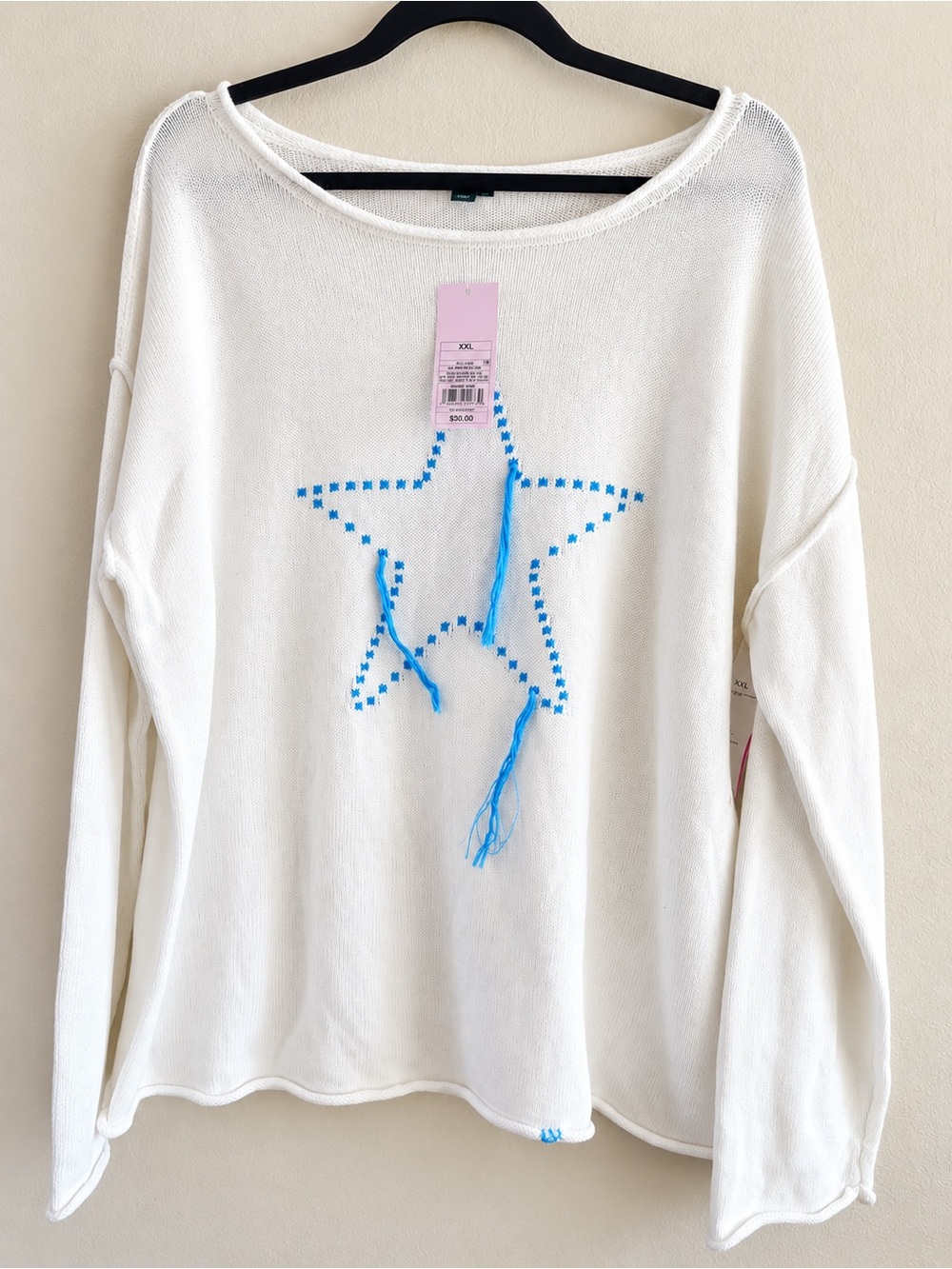 White Knit Pullover with Blue Star Stitching